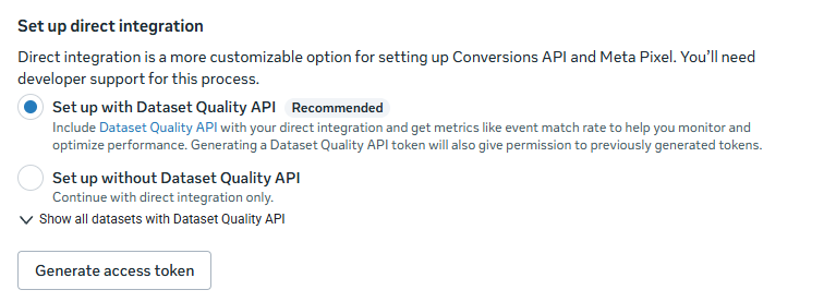 Der Bereich Conversions API in den Einstellungen des Events Managers mit dem Knopf zum Erzeugen des Tokens