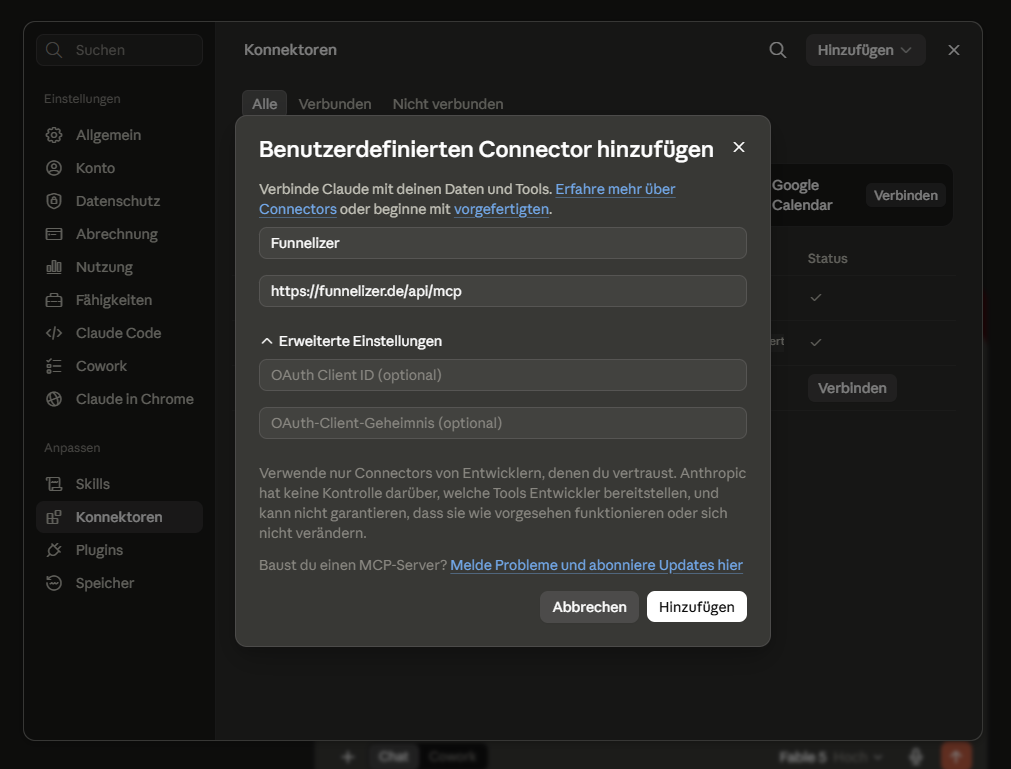 Der Dialog "Benutzerdefinierten Connector hinzufügen" in claude.ai mit ausgefülltem Namen und eingefügter Adresse