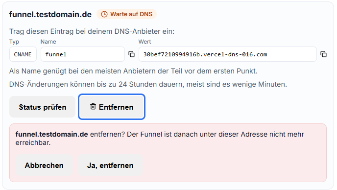 Ein Domain-Eintrag mit der offenen Rückfrage "angebot.deine-firma.de entfernen?" und den Knöpfen Abbrechen und Ja, entfernen