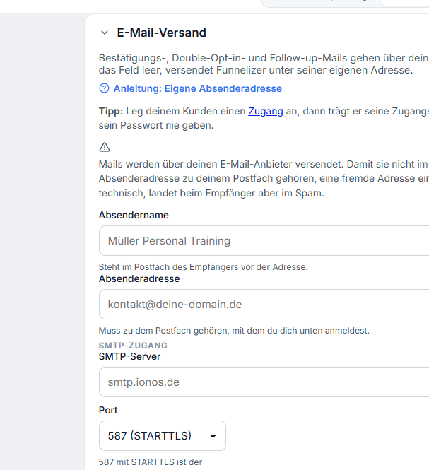 Der Bereich E-Mail-Versand mit Absendername, Absenderadresse und der Gruppe SMTP-Zugang