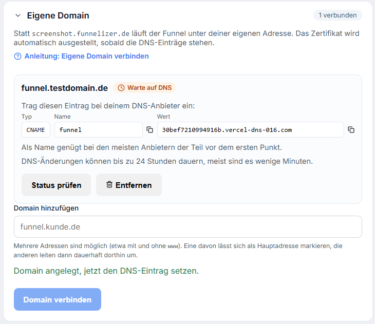 Der Abschnitt "Eigene Domain" mit der eingetragenen Domain, dem Status "Warte auf DNS" und den Feldern Typ, Name und Wert