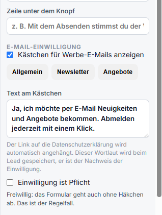Eigenschaften des Formular-Blocks mit der Zeile unter dem Knopf und der Gruppe E-Mail-Einwilligung