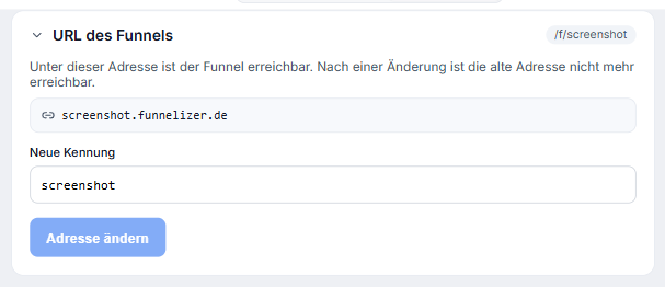 Der Abschnitt "URL des Funnels" im Builder mit der aktuellen Adresse und dem Feld "Neue Kennung"