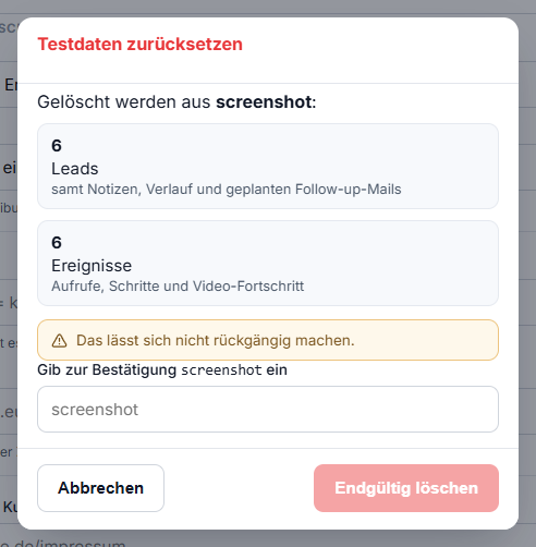 Der Bestätigungsdialog mit der Anzahl der Leads und Ereignisse und dem Eingabefeld