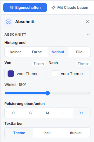 das Eigenschaften-Panel eines Abschnitts mit dem Umschalter Hintergrund und den Feldern für den Verlauf