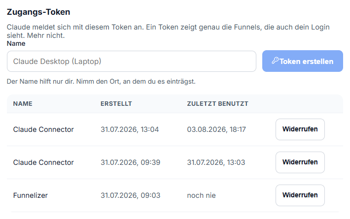 Der aufgeklappte Bereich mit Namensfeld und dem Knopf "Token erstellen"