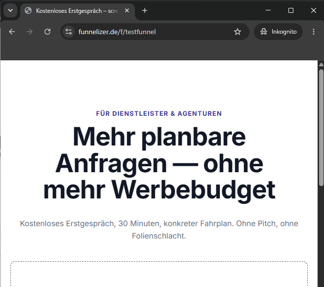 der Funnel im Browser, geöffnet über den Vorschau-Knopf, mit der Adresse in der Adresszeile