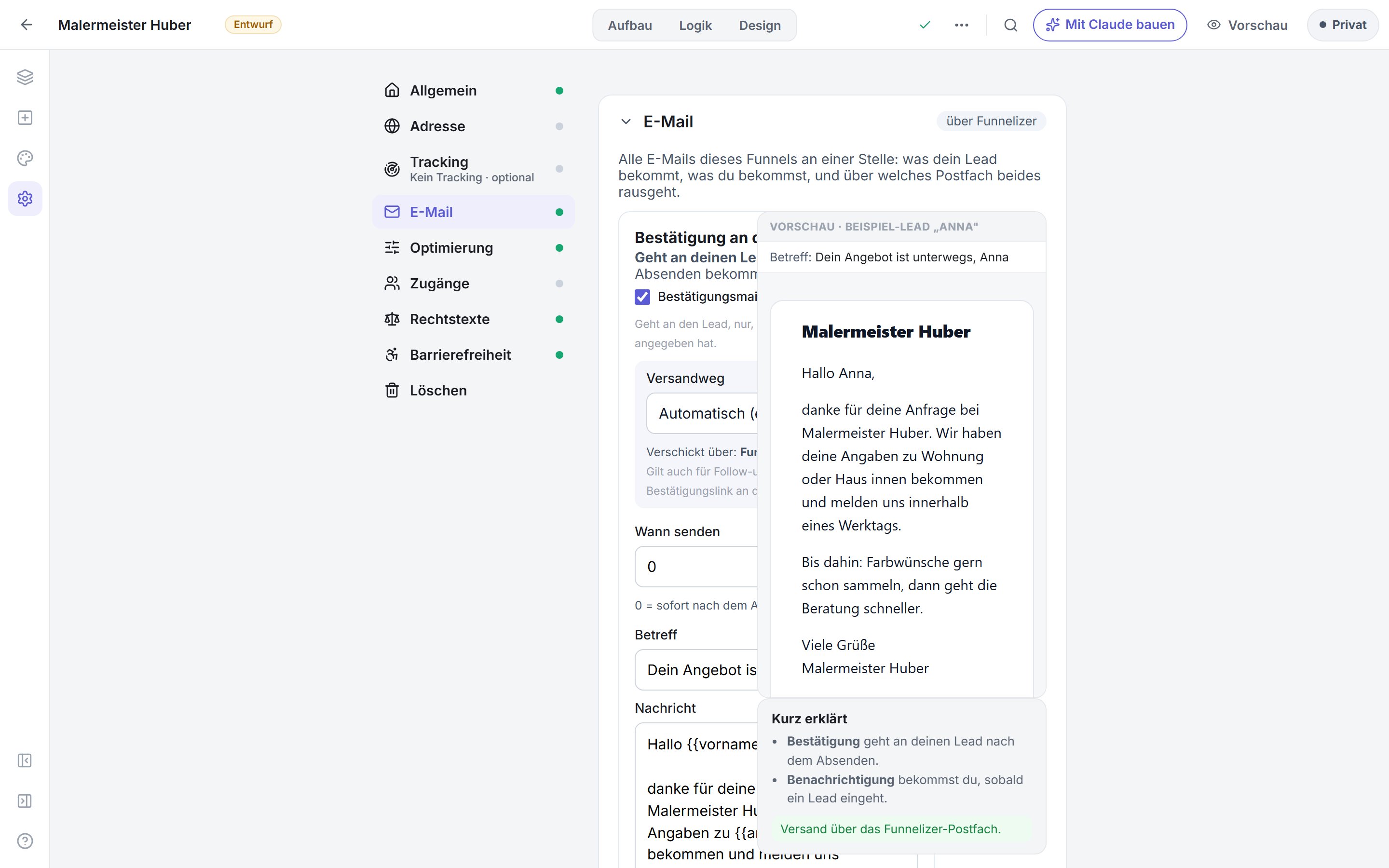 Der E-Mail-Bereich mit der Bestätigungsmail und einer Live-Vorschau.
