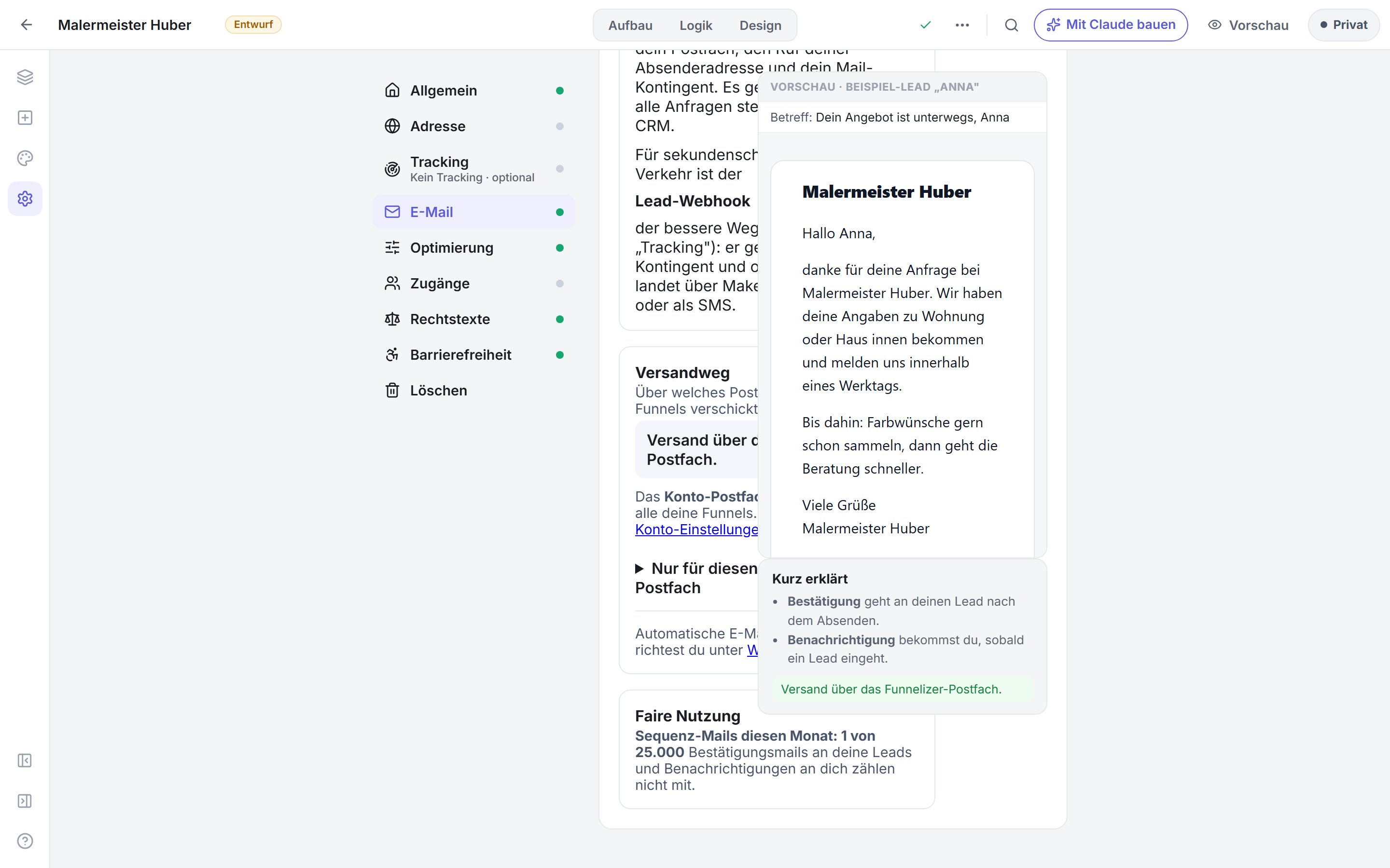 Der Versandweg eines Funnels: Bestätigung an den Lead, Benachrichtigung an dich und darunter das Postfach, über das gesendet wird.