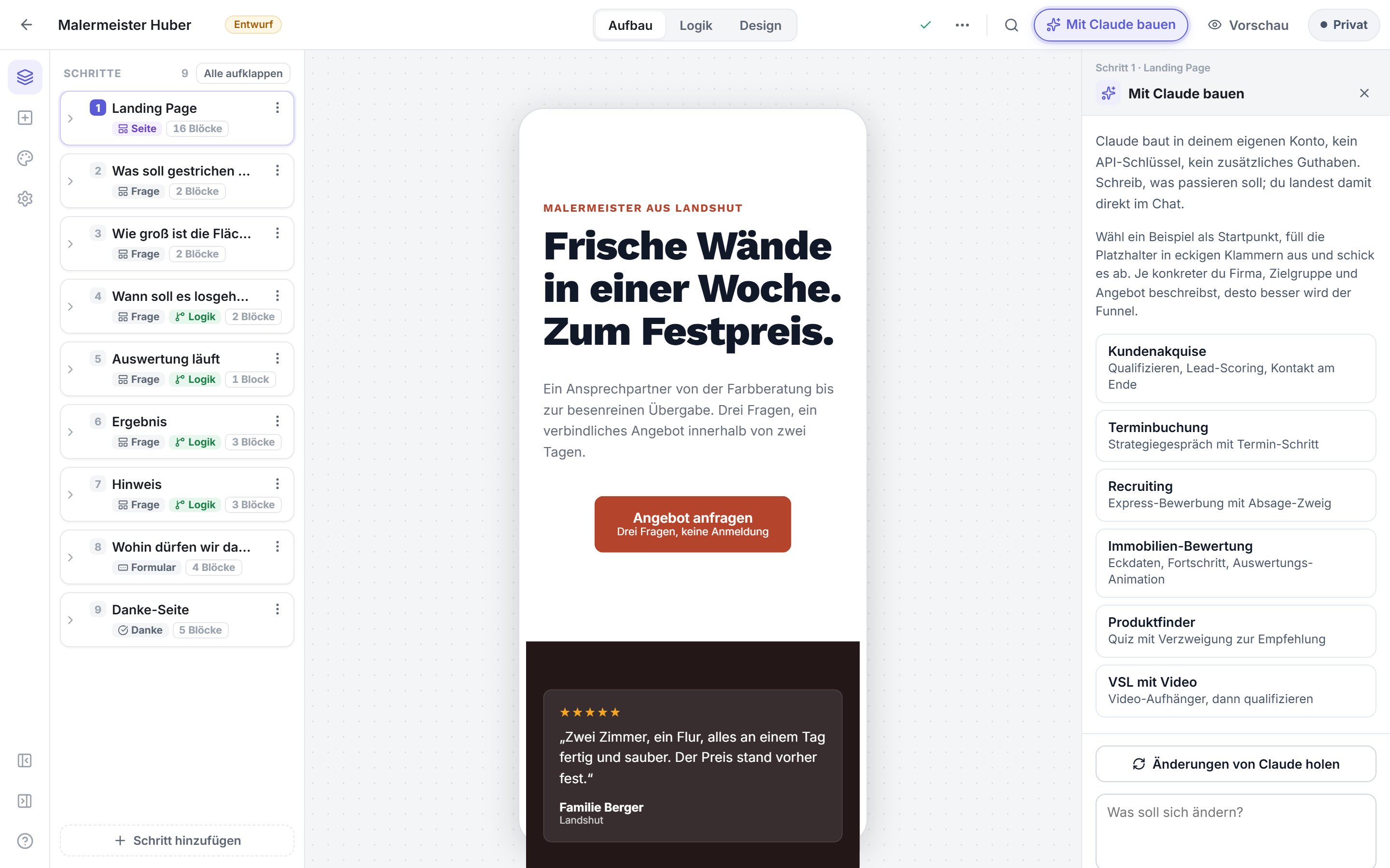 Der Builder mit der geöffneten Claude-Spalte: fertige Beispiel-Aufträge und das Feld, in dem der Auftrag entsteht.
