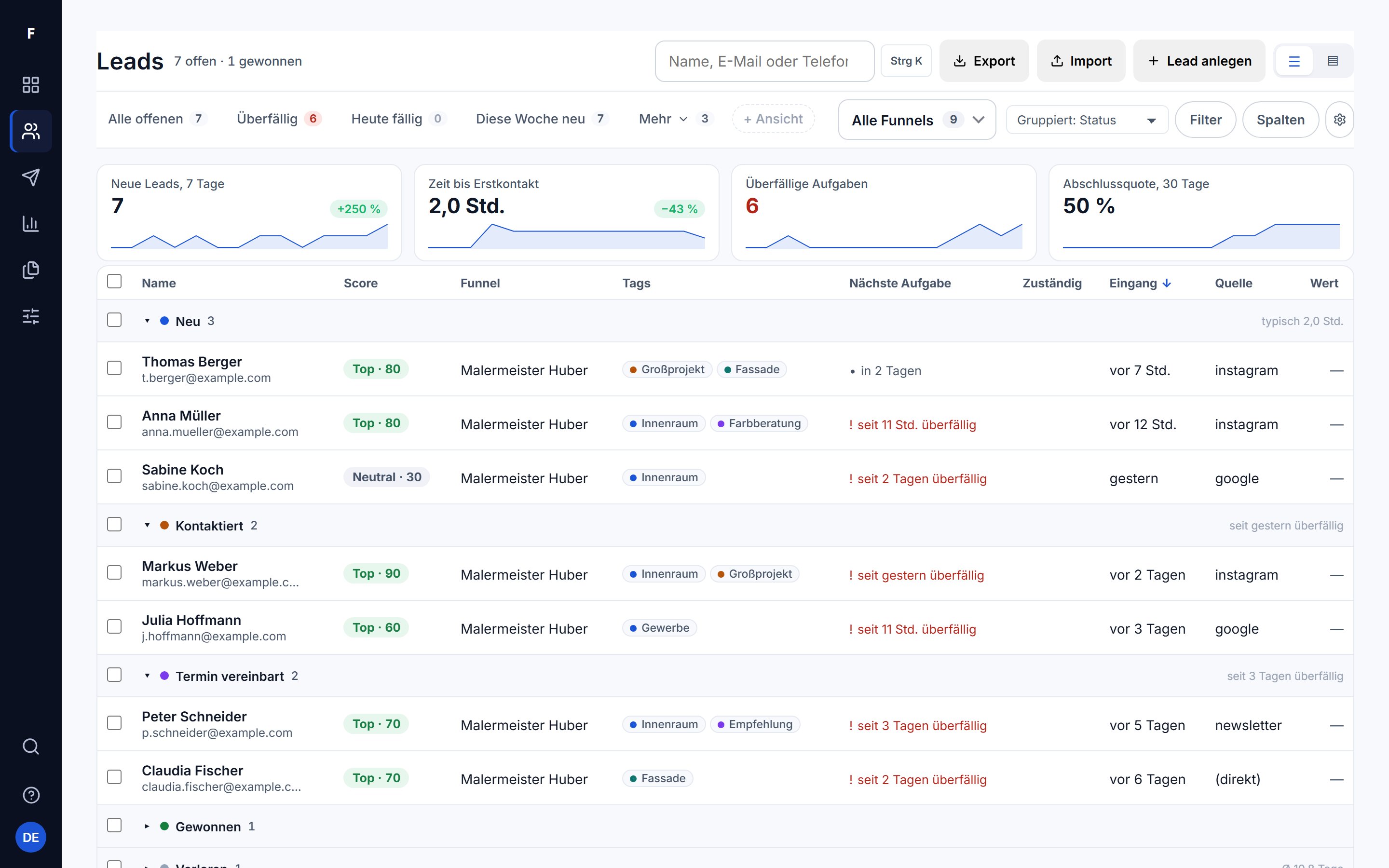 Die Lead-Liste im CRM mit dem Export-Knopf.