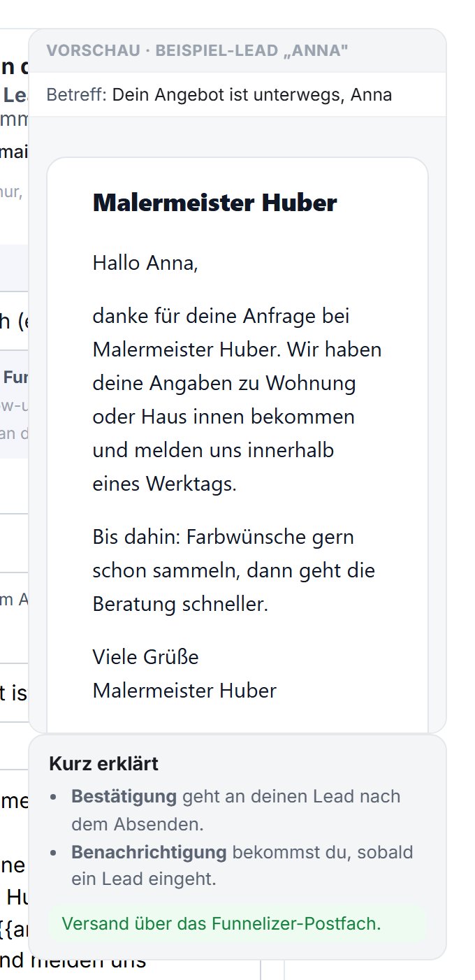 Die Live-Vorschau einer Bestaetigungsmail: links das Formular, rechts die Mail im Design des Funnels.