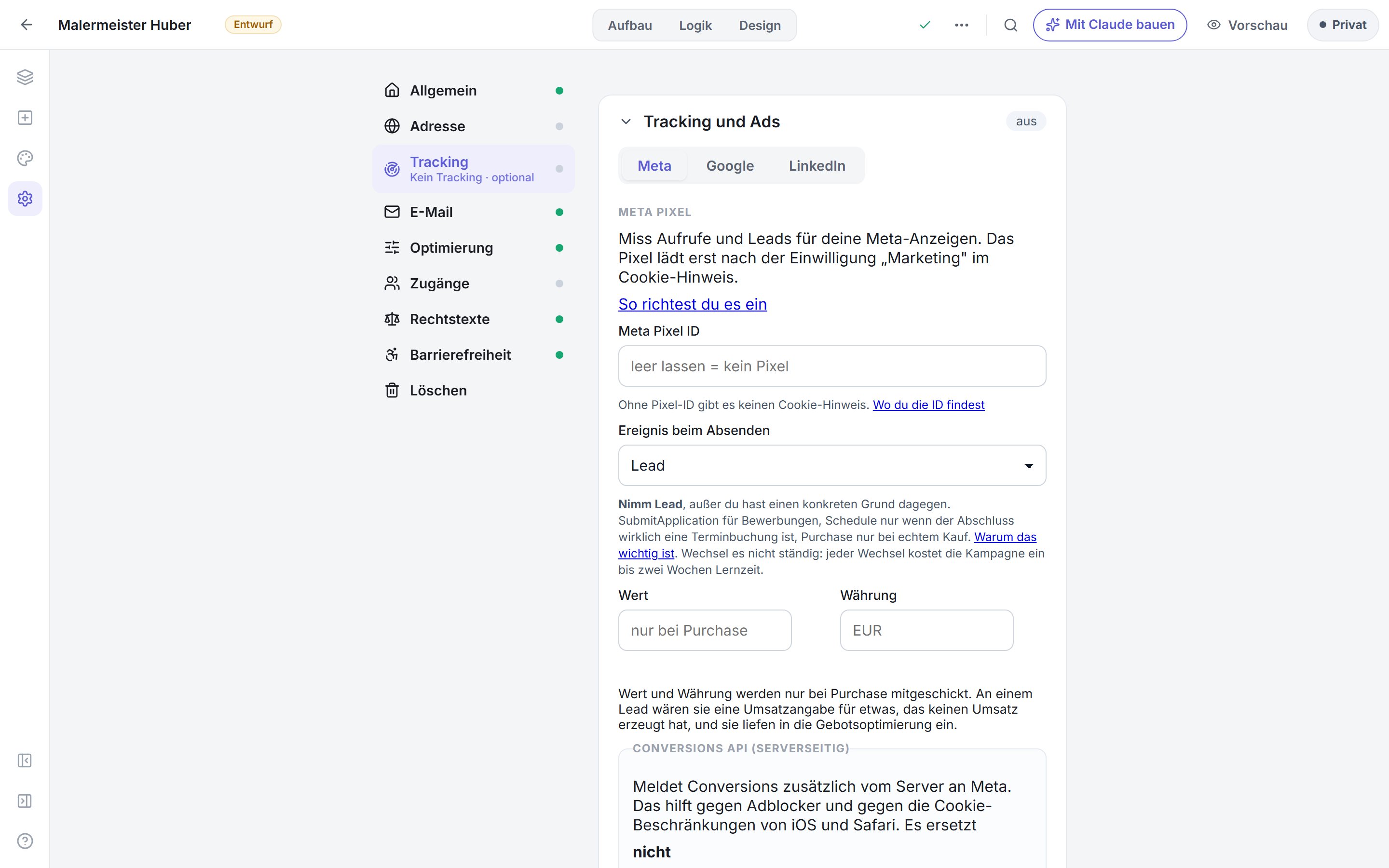 Die Tracking-Einstellungen eines Funnels: Untertabs für Meta, Google und LinkedIn, darunter die Pixel-ID und die Conversions API.