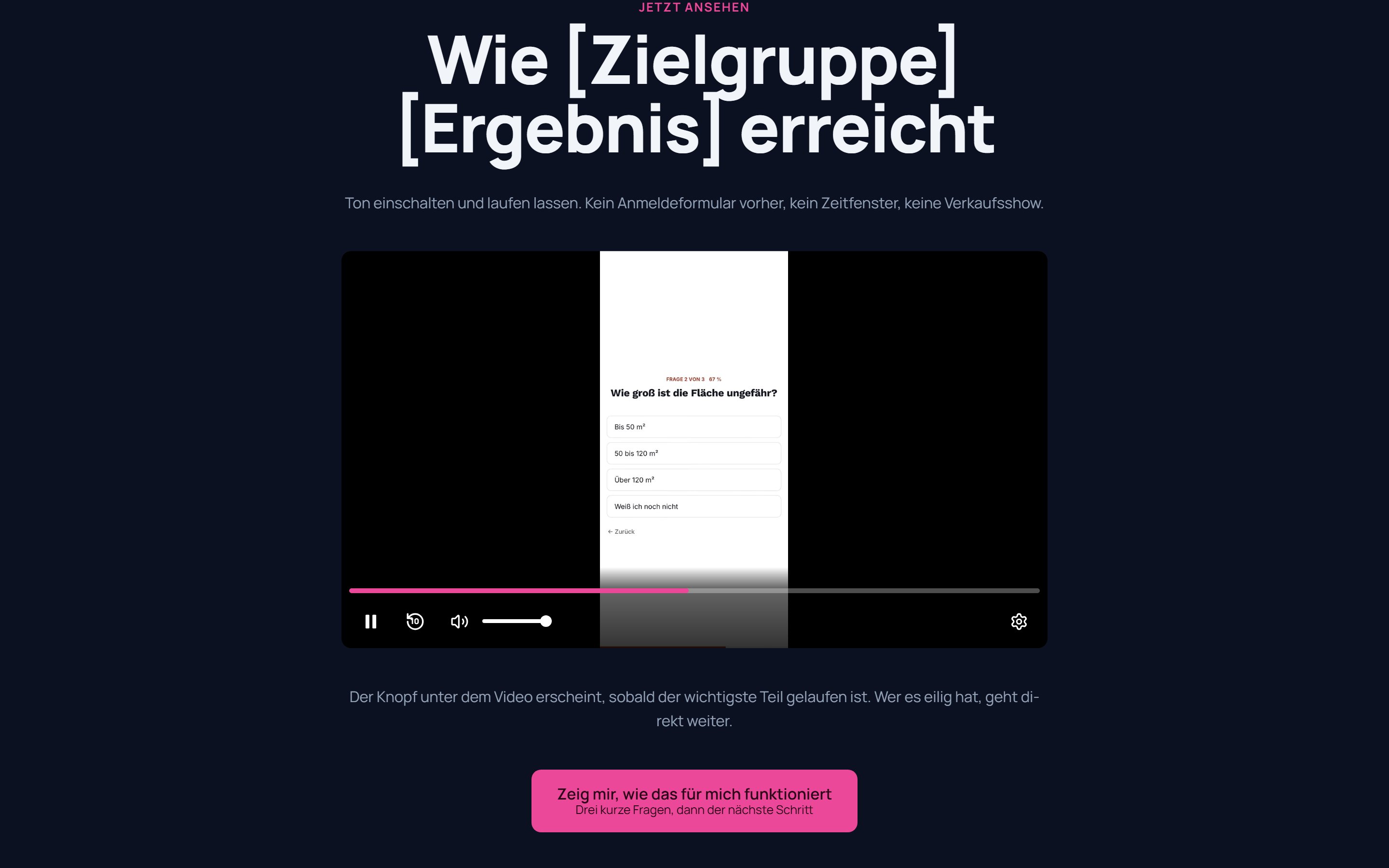 Der Video-Player einer VSL-Seite: Fortschrittsleiste, Abspielen, Zuruecksprung, Ton und Geschwindigkeit, darunter der zeitversetzte Aufruf.