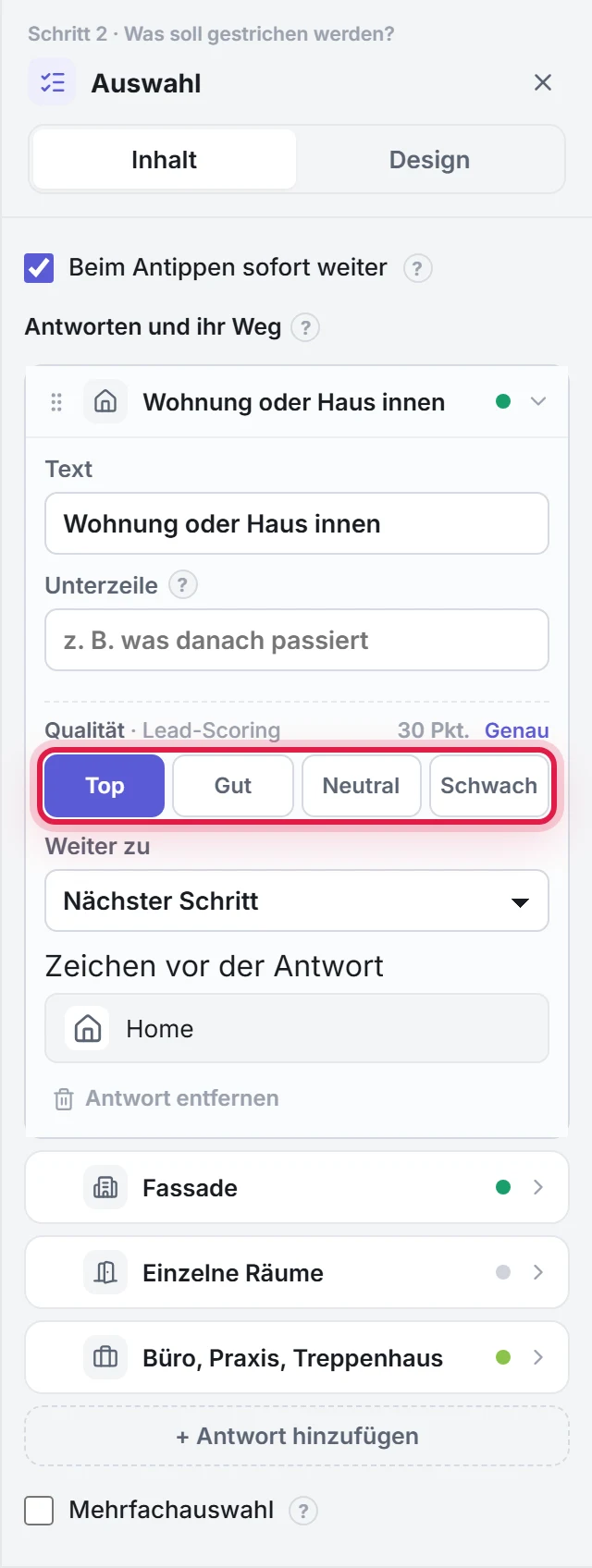 Die aufgeklappte Antwort im Eigenschaften-Panel mit der markierten Zeile Qualität und den Stufen Top, Gut, Neutral und Schwach