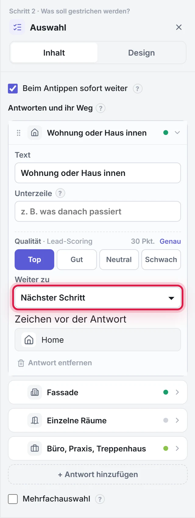 Die aufgeklappte Antwort im Eigenschaften-Panel mit dem markierten Feld Weiter zu