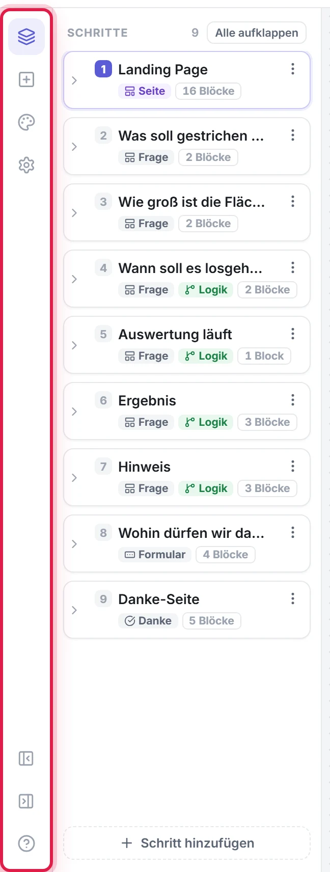 Die schmale Leiste ganz links mit den Symbolen für Schritte, Block hinzufügen, Design, Einstellungen und Hilfe, daneben der Schritte-Baum