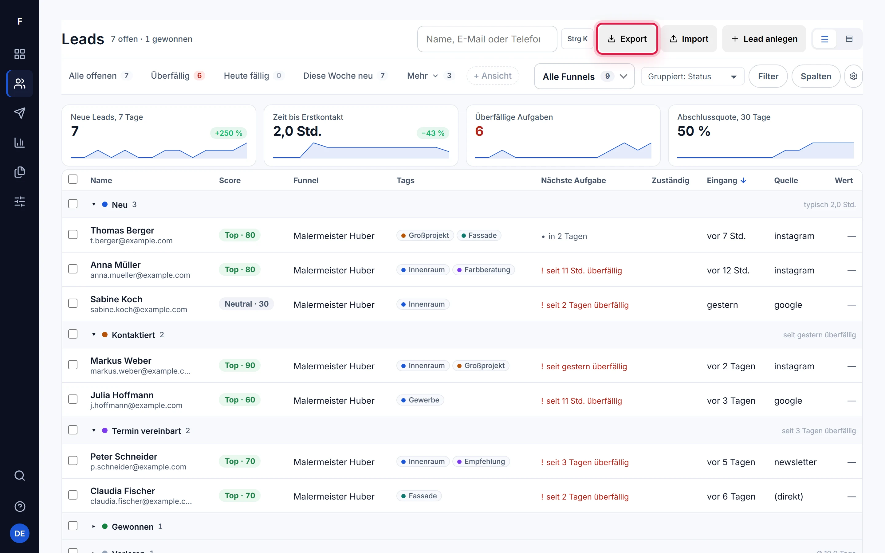 Die Listenansicht des CRM mit Suche, Filtern und dem Export als CSV oder Excel.