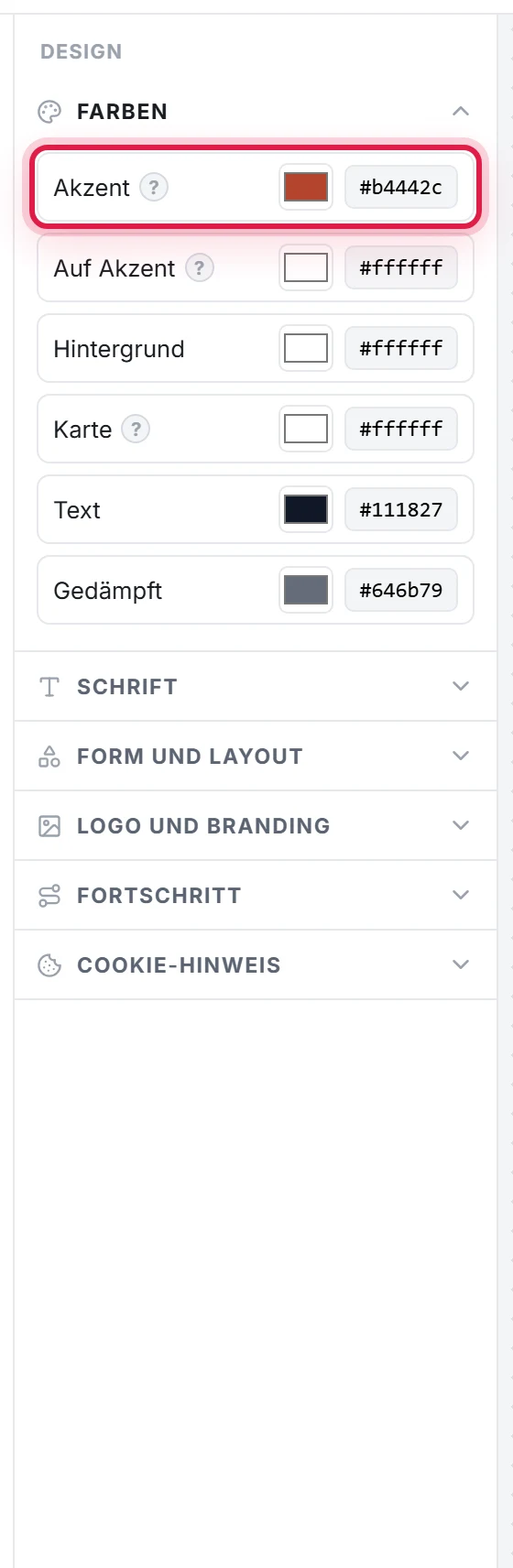 Der Design-Bereich, Abschnitt Farben: je Zeile der Name der Farbe, darunter Farbfeld und Hexfeld, die erste Zeile ist markiert