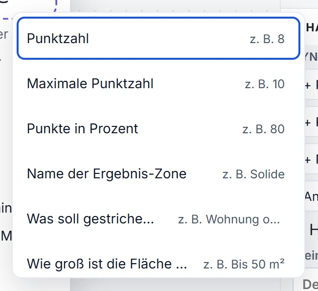 Die Liste der dynamischen Werte direkt am Cursor in einer Überschrift im Builder: Punktzahl, Maximale Punktzahl, Punkte in Prozent und Name der Ergebnis-Zone, jeweils mit einem Beispielwert rechts