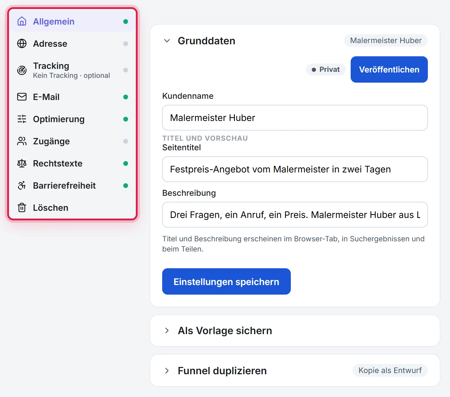 Die Funnel-Einstellungen: links die Bereiche mit Status-Punkt, darunter Rechtstexte, rechts die Karten des gewählten Bereichs