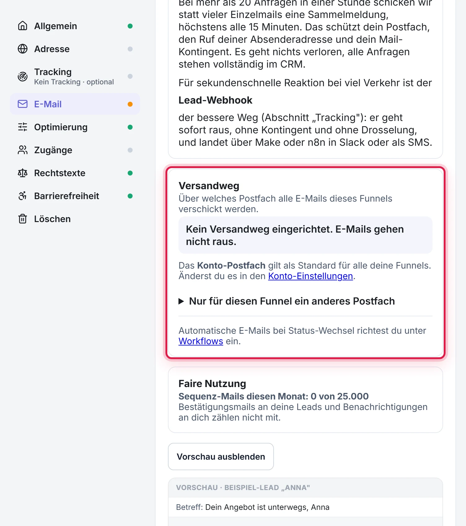 Der E-Mail-Bereich mit den drei Karten untereinander; die markierte dritte Karte Versandweg zeigt, über welches Postfach die Mails gerade rausgehen