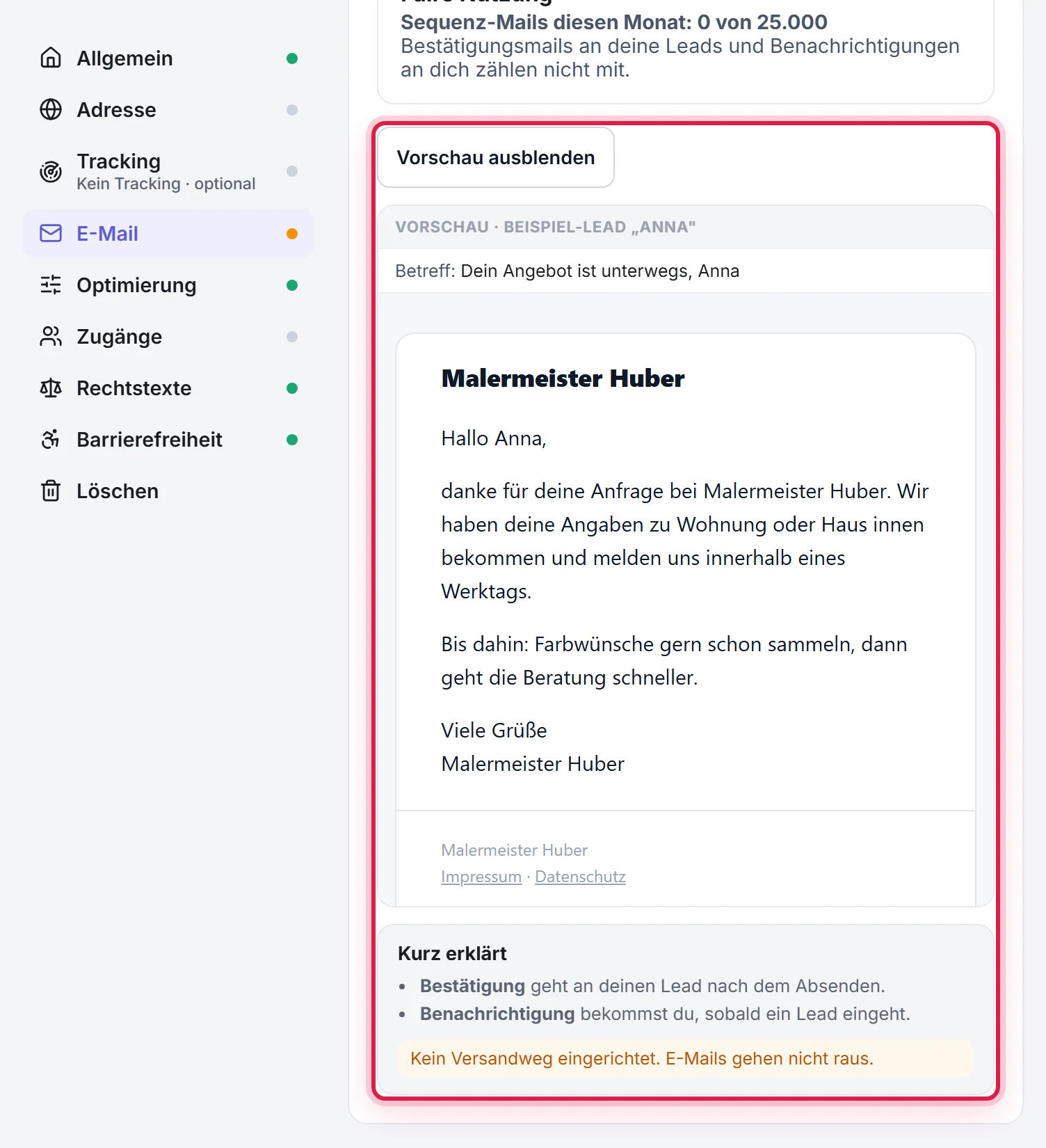Die markierte Live-Vorschau der Bestätigungsmail unter den E-Mail-Karten, gerendert im Design des Funnels mit Beispielwerten