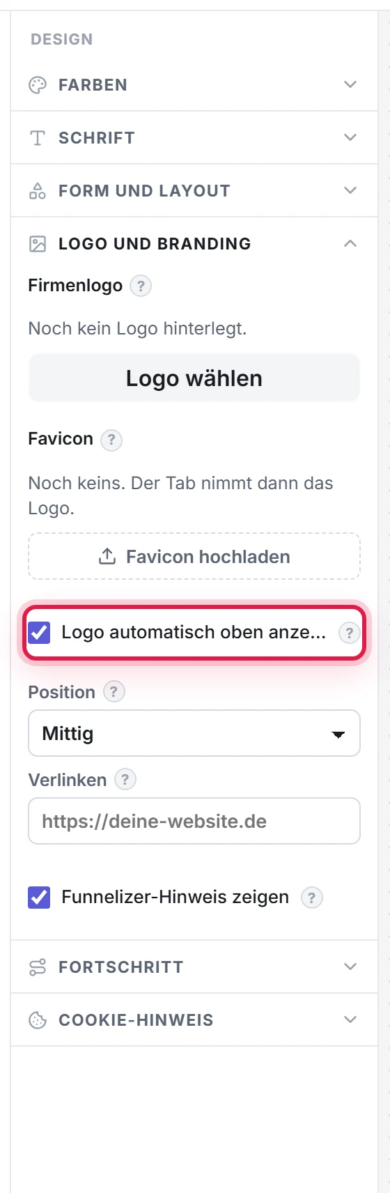 Der Design-Bereich, Abschnitt Logo und Branding: Logo-Upload, der markierte Schalter Logo automatisch oben anzeigen, darunter Position und Link
