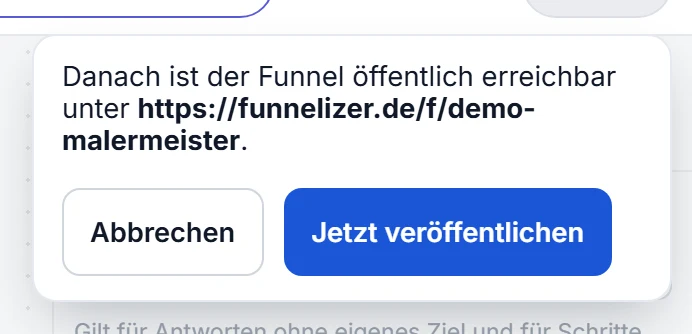 Die Rückfrage vor dem Veröffentlichen: sie nennt die Adresse, die danach öffentlich ist, mit den Knöpfen Abbrechen und Jetzt veröffentlichen