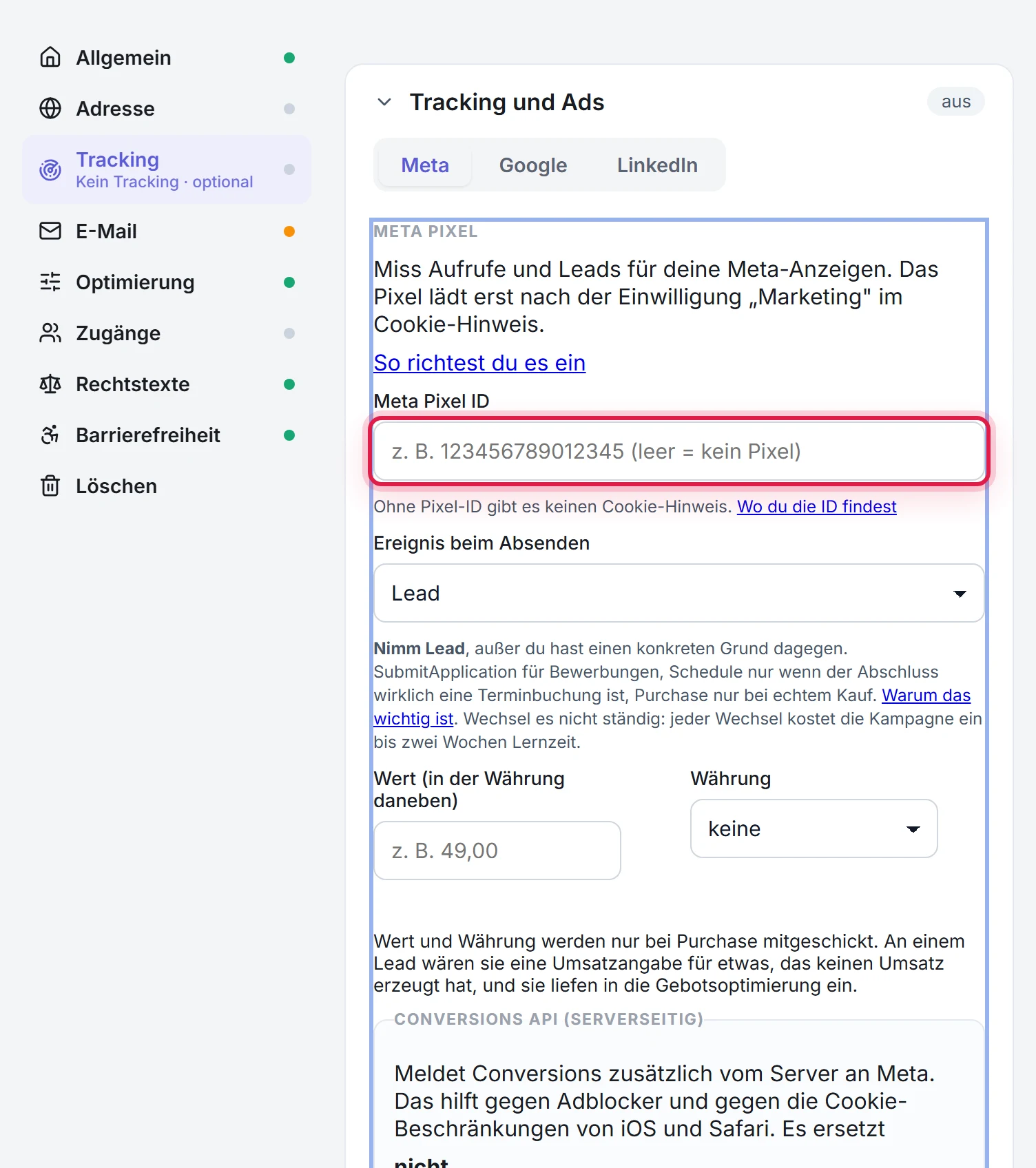Der Bereich Tracking, Untertab Meta, mit dem markierten Feld für die Pixel-ID, darunter das Ereignis beim Absenden und die Conversions API