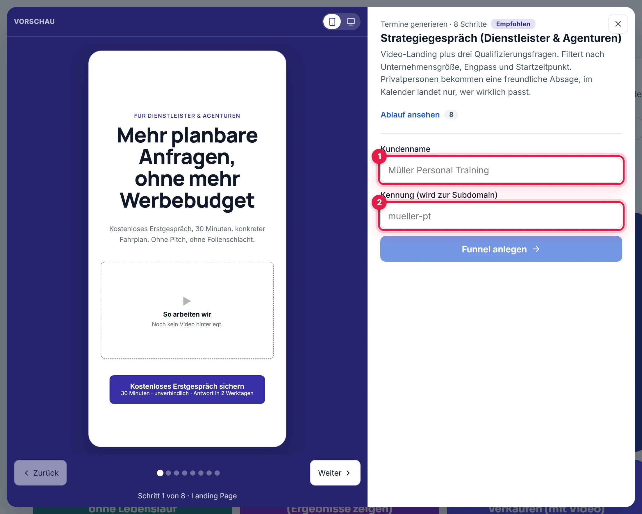 Das Anlegen-Fenster: links die durchklickbare Vorschau, rechts die Felder Kundenname (1) und Kennung (2) und der Knopf Funnel anlegen
