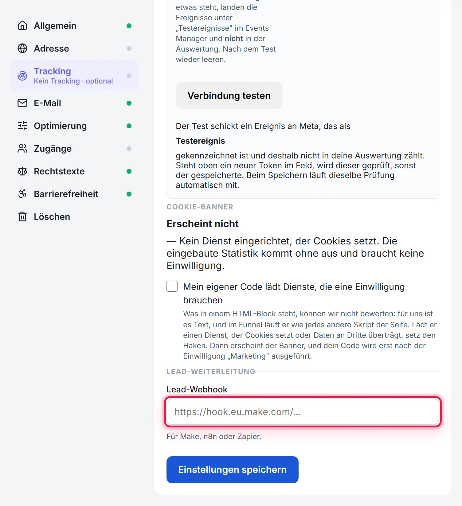 Das markierte Feld Lead-Webhook in den Funnel-Einstellungen, unter den Tracking-Tabs