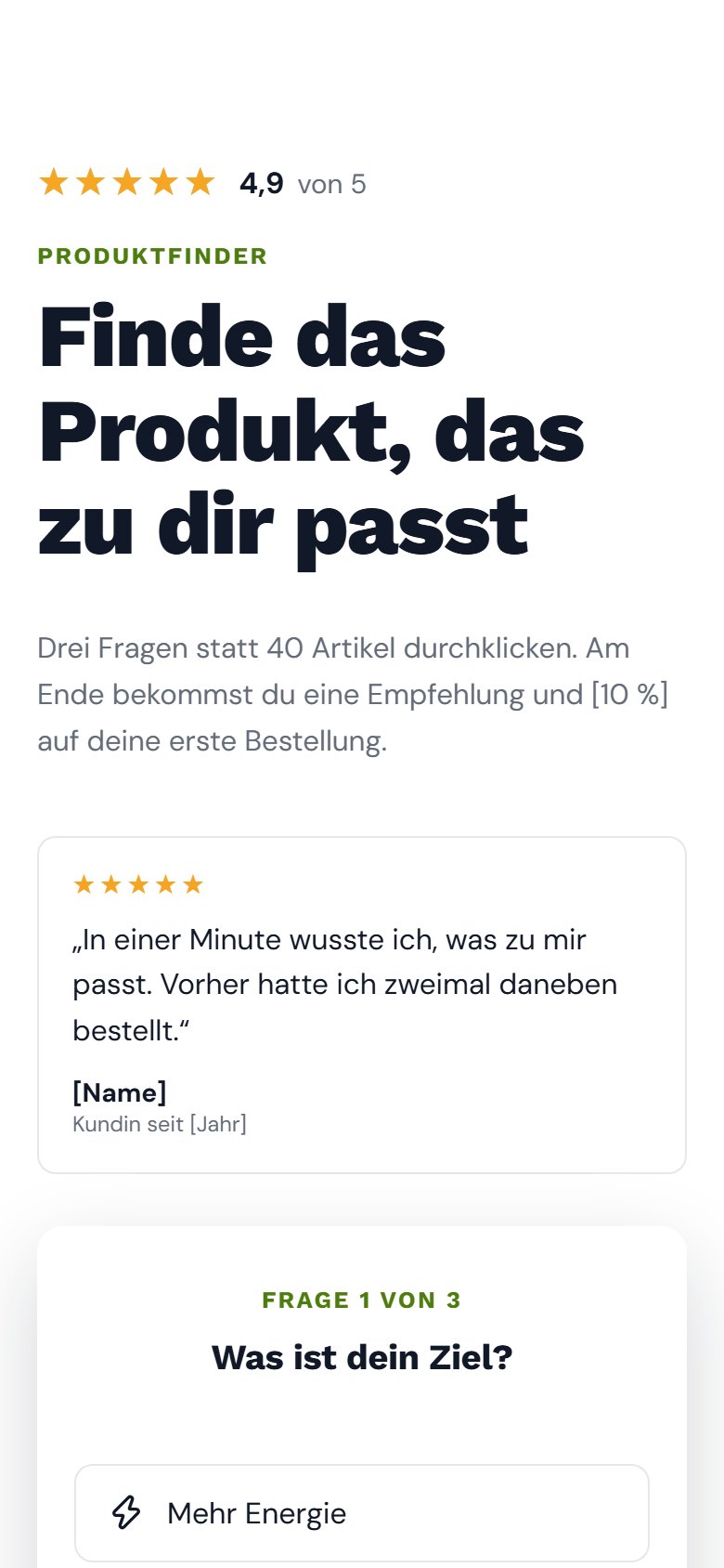 Die Vorlage Produkt-Empfehlungs-Quiz auf dem Telefon