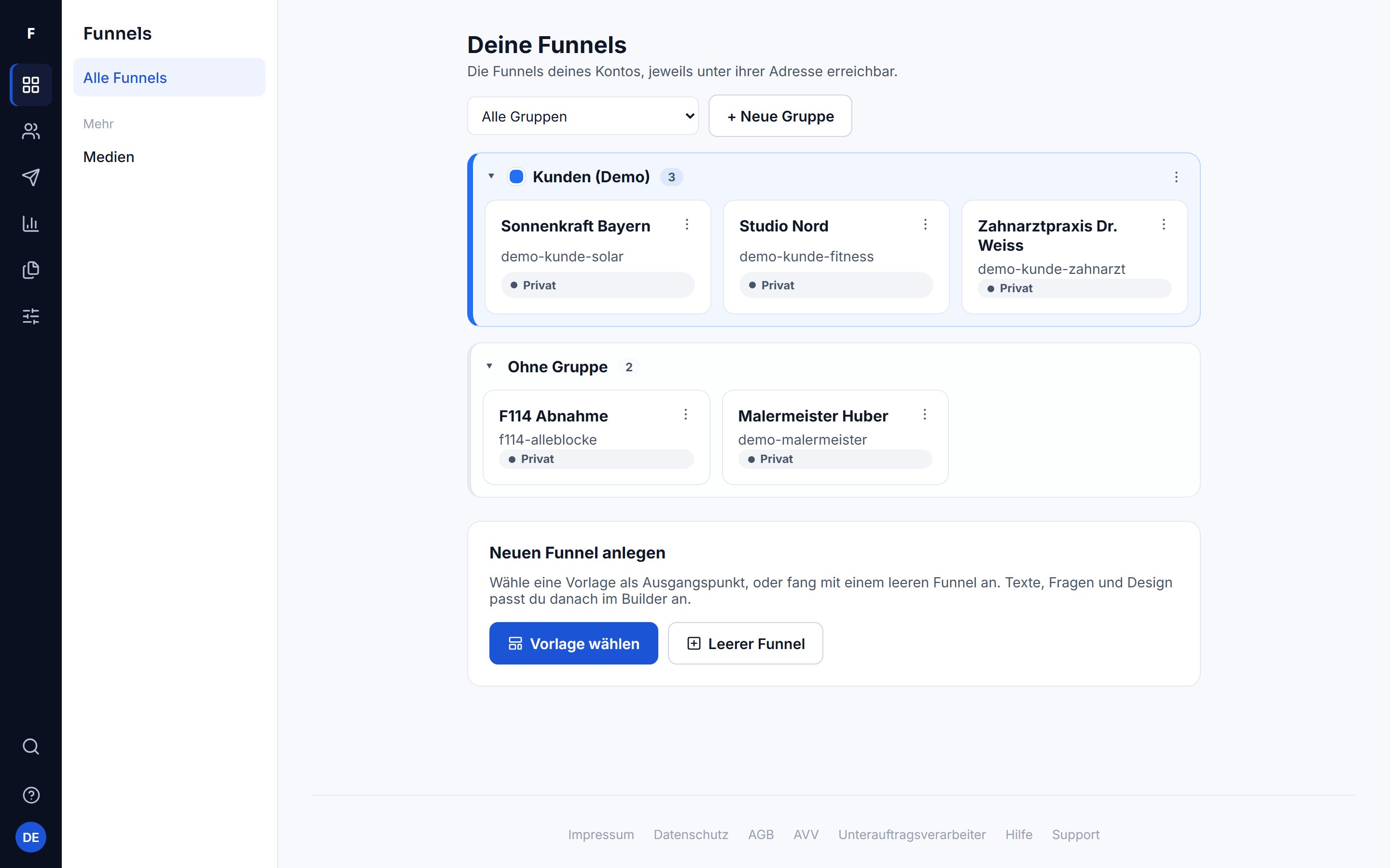 Die Funnel-Übersicht im Panel: mehrere Kunden-Funnels nebeneinander, jeder mit Status.