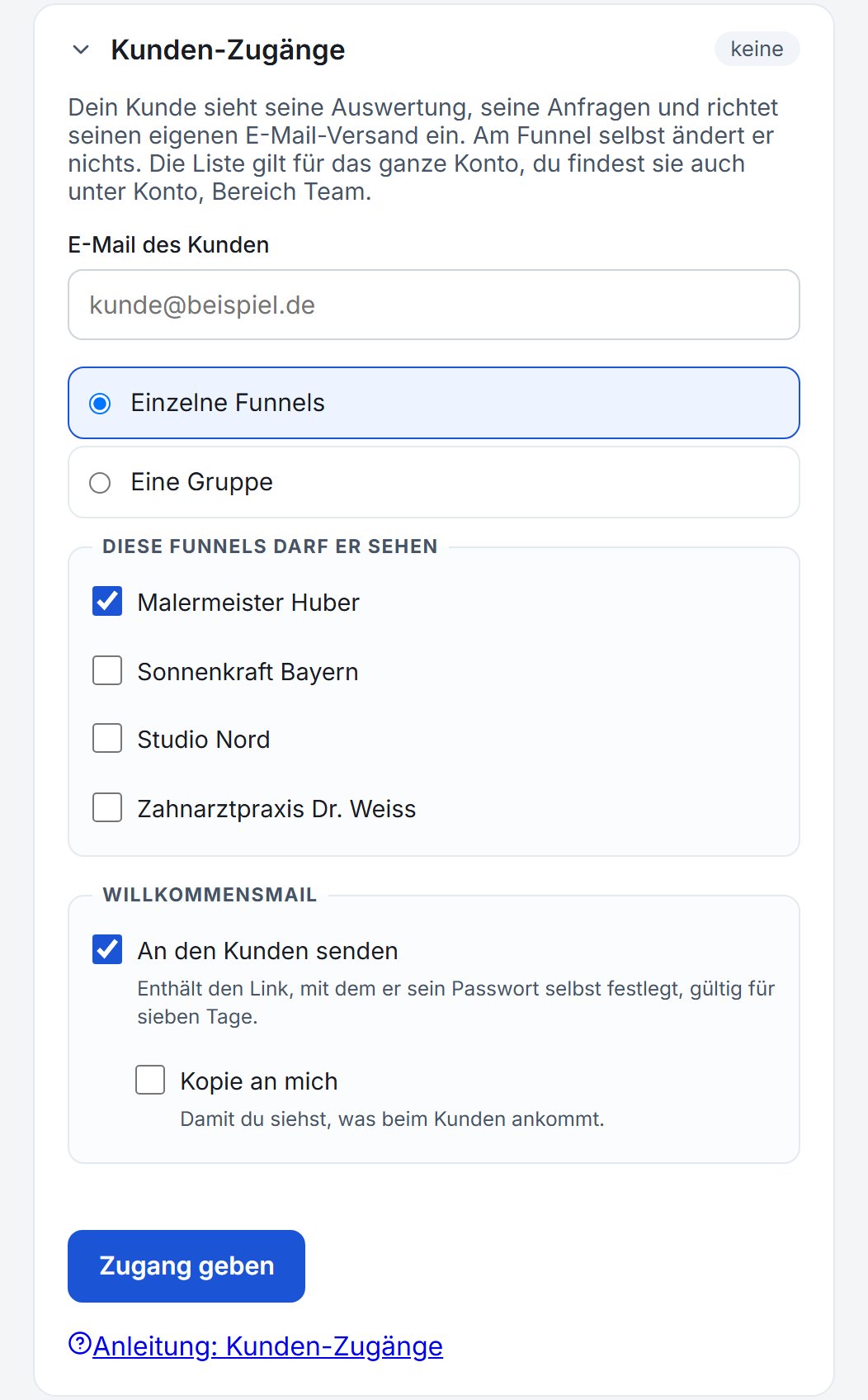 Die Kunden-Zugänge in den Funnel-Einstellungen.